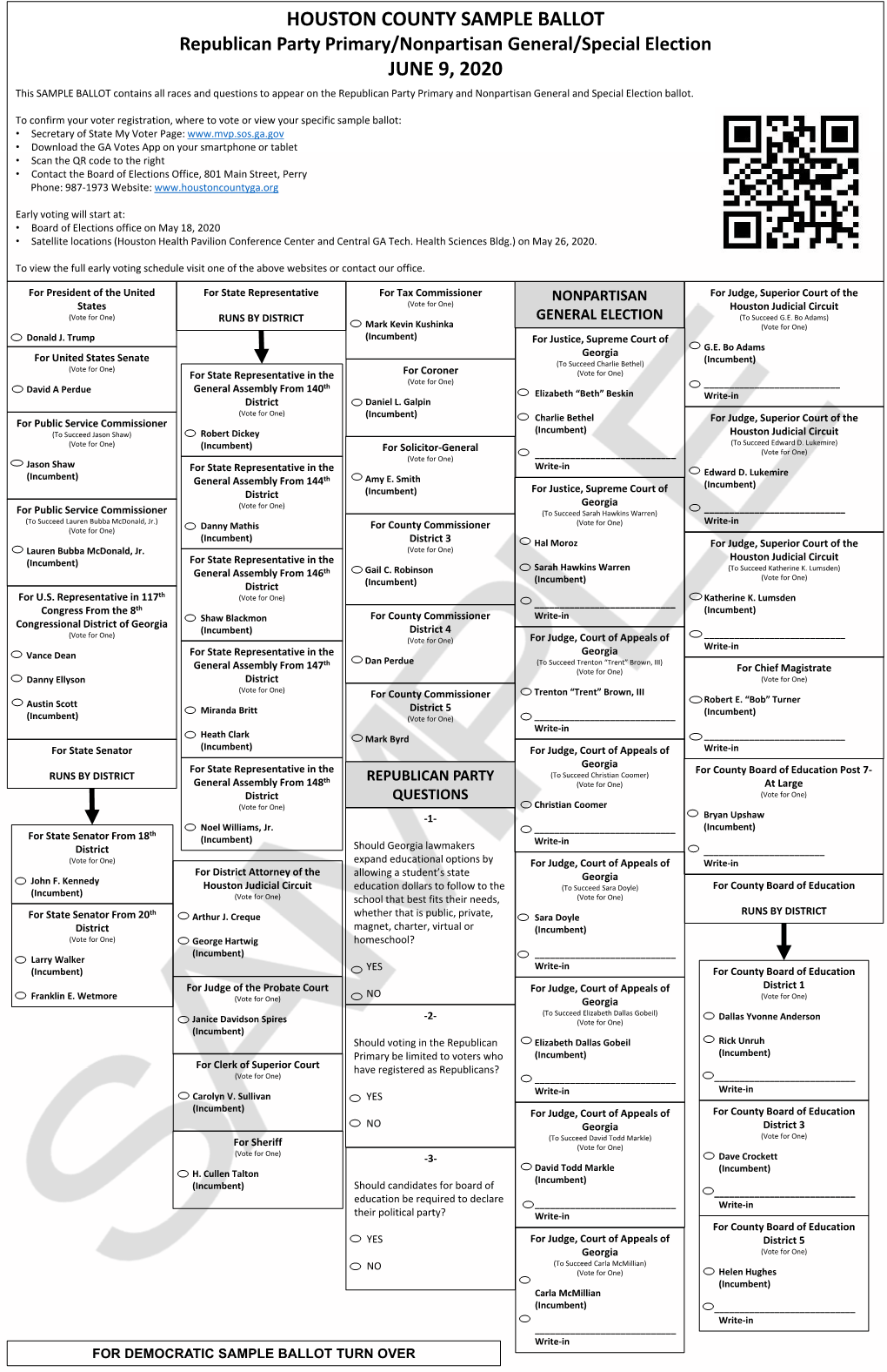 Houston County Sample Ballot June 9, 2020