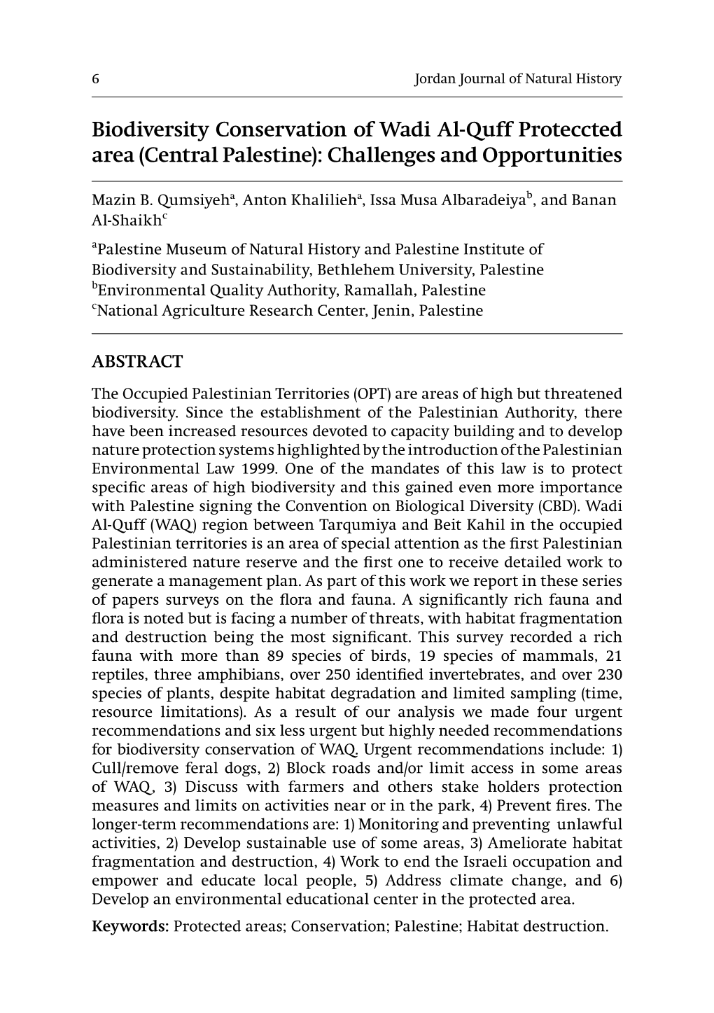 Biodiversity Conservation of Wadi Al-Quff Proteccted Area (Central Palestine): Challenges and Opportunities