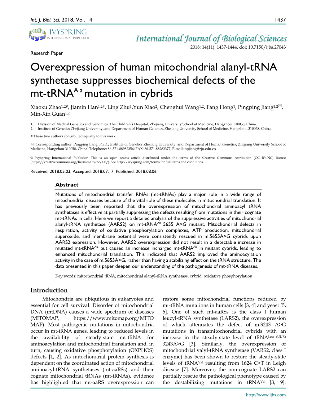 Overexpression of Human Mitochondrial Alanyl-Trna Synthetase Suppresses Biochemical Defects of the Mt-Trnaala Mutation in Cybrid