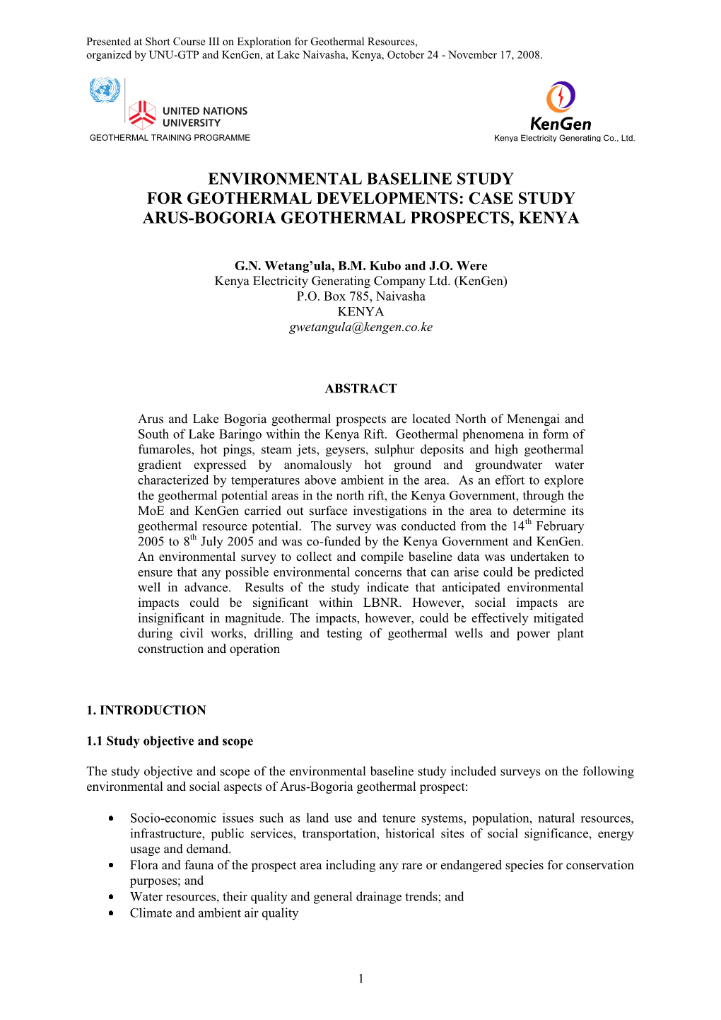 Environmental Baseline Study for the Arus-Bogoria Geothermal Prospects