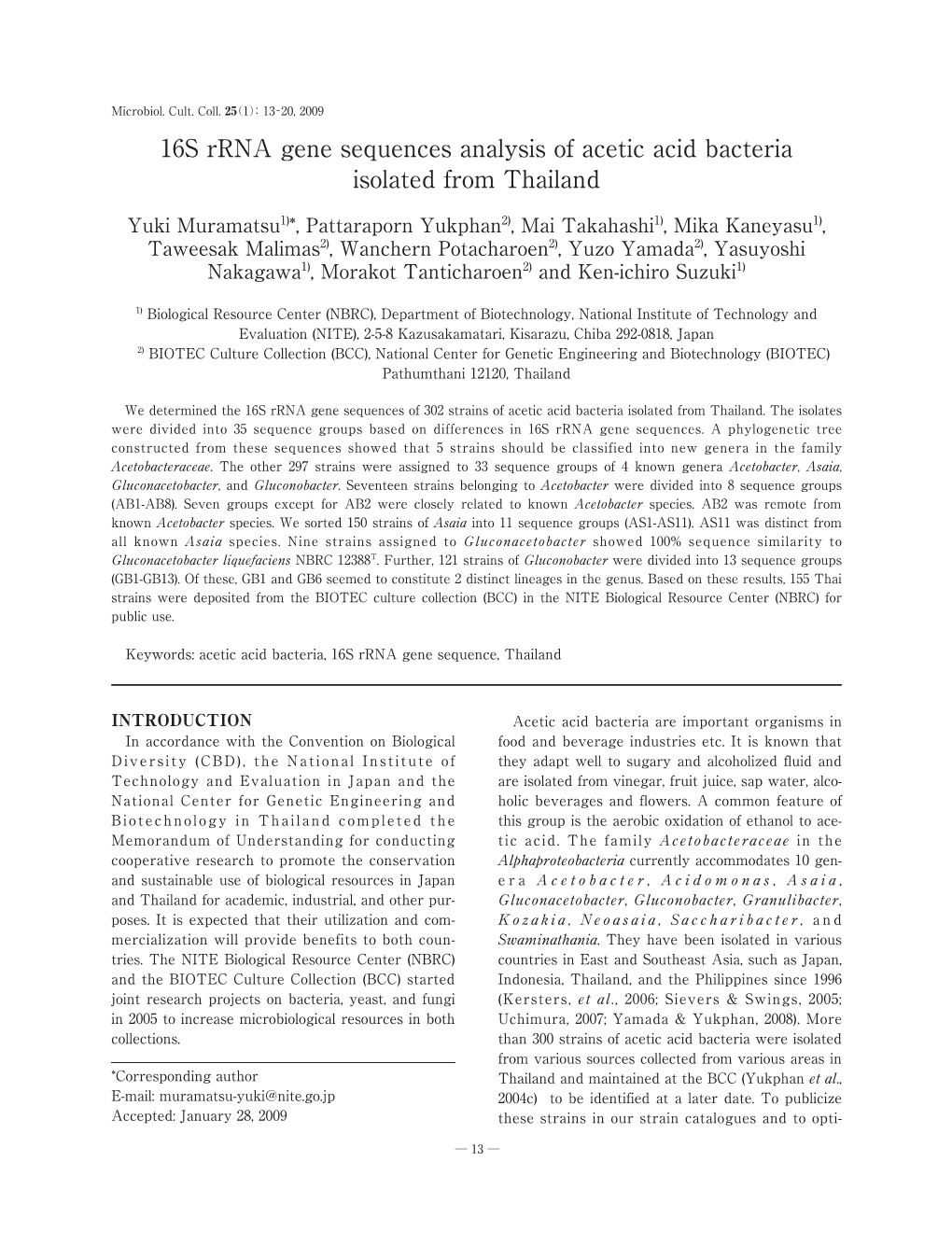 16S Rrna Gene Sequences Analysis of Acetic Acid Bacteria Isolated from Thailand