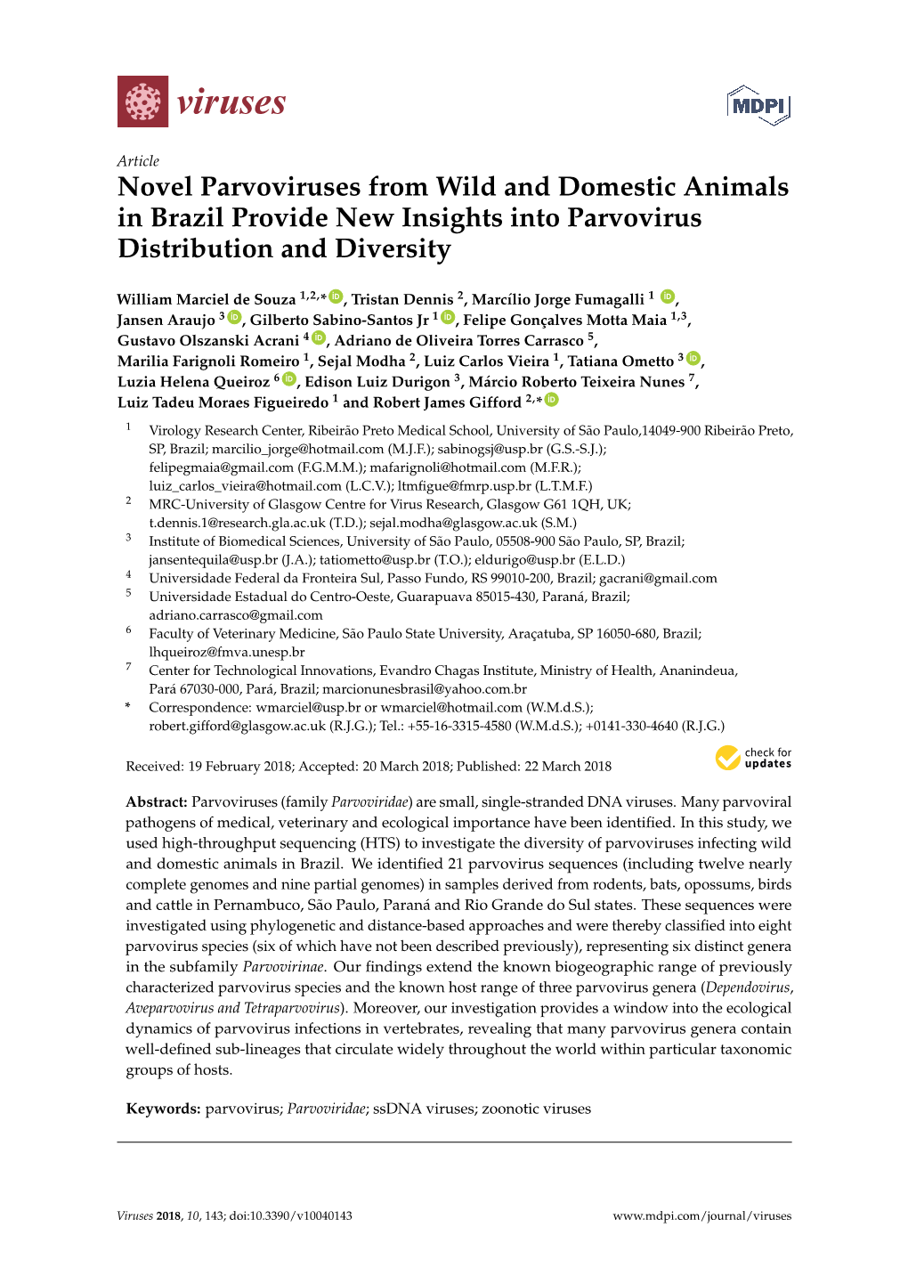 Novel Parvoviruses from Wild and Domestic Animals in Brazil Provide New Insights Into Parvovirus Distribution and Diversity