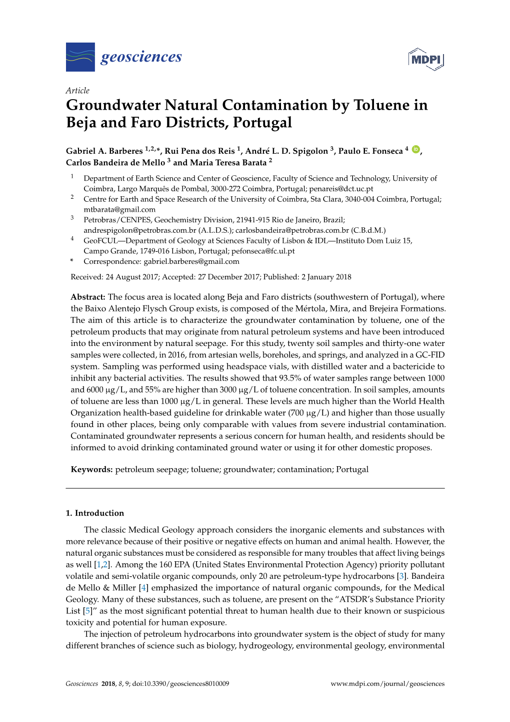 Groundwater Natural Contamination by Toluene in Beja and Faro Districts, Portugal