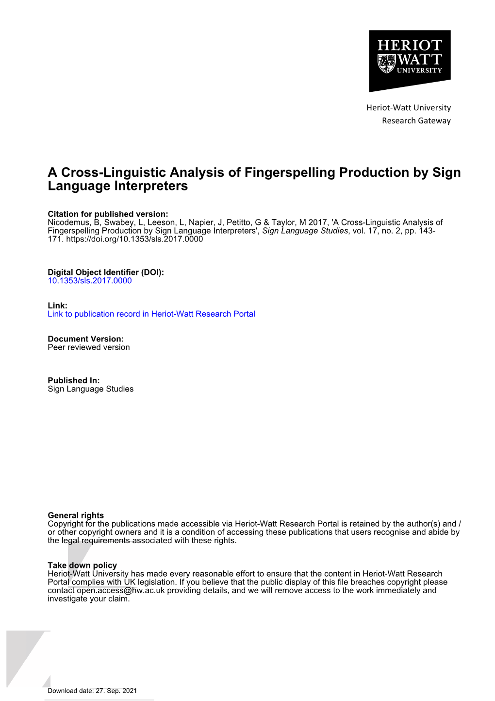 A Cross-Linguistic Analysis of Fingerspelling Production by Sign Language Interpreters
