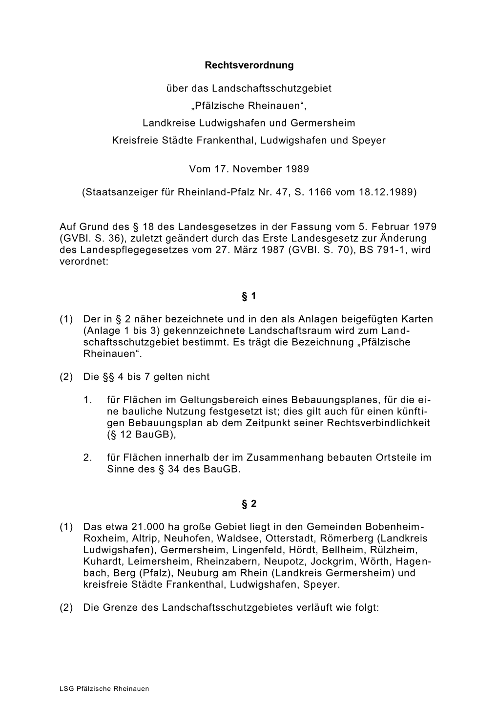 Pfälzische Rheinauen“, Landkreise Ludwigshafen Und Germersheim Kreisfreie Städte Frankenthal, Ludwigshafen Und Speyer