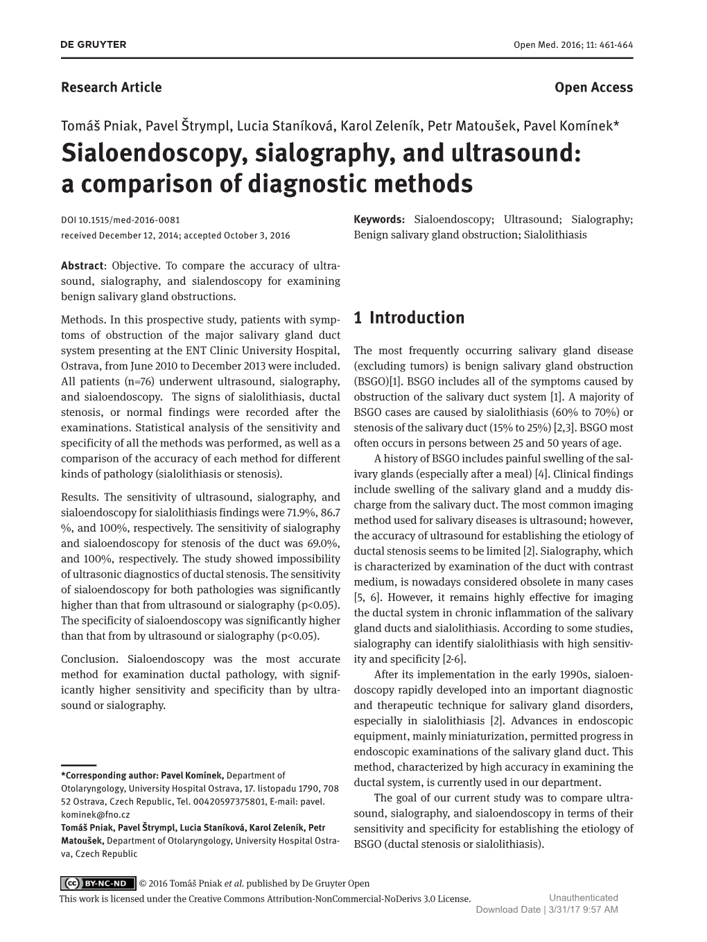 Sialoendoscopy, Sialography, and Ultrasound: a Comparison of Diagnostic Methods