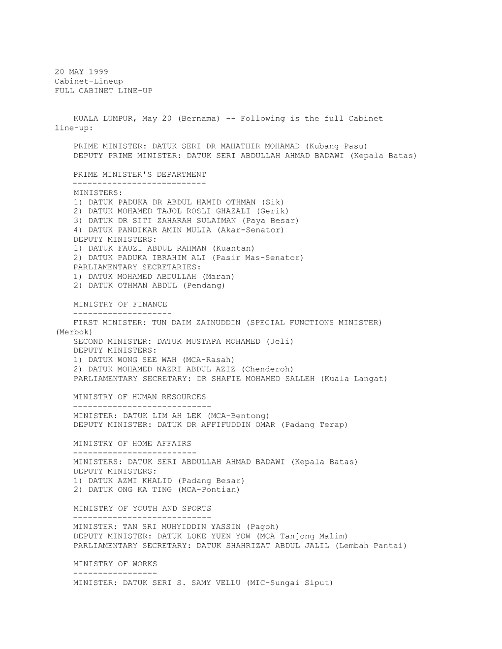 FULL CABINET LINE-UP (Bernama 20/05/1999)