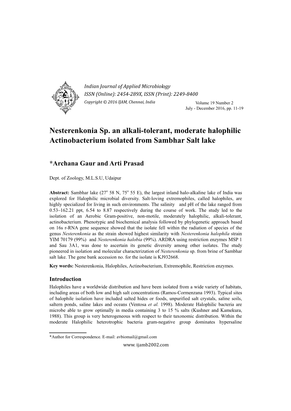 Nesterenkonia Sp. an Alkali-Tolerant, Moderate Halophilic Actinobacterium Isolated from Sambhar Salt Lake