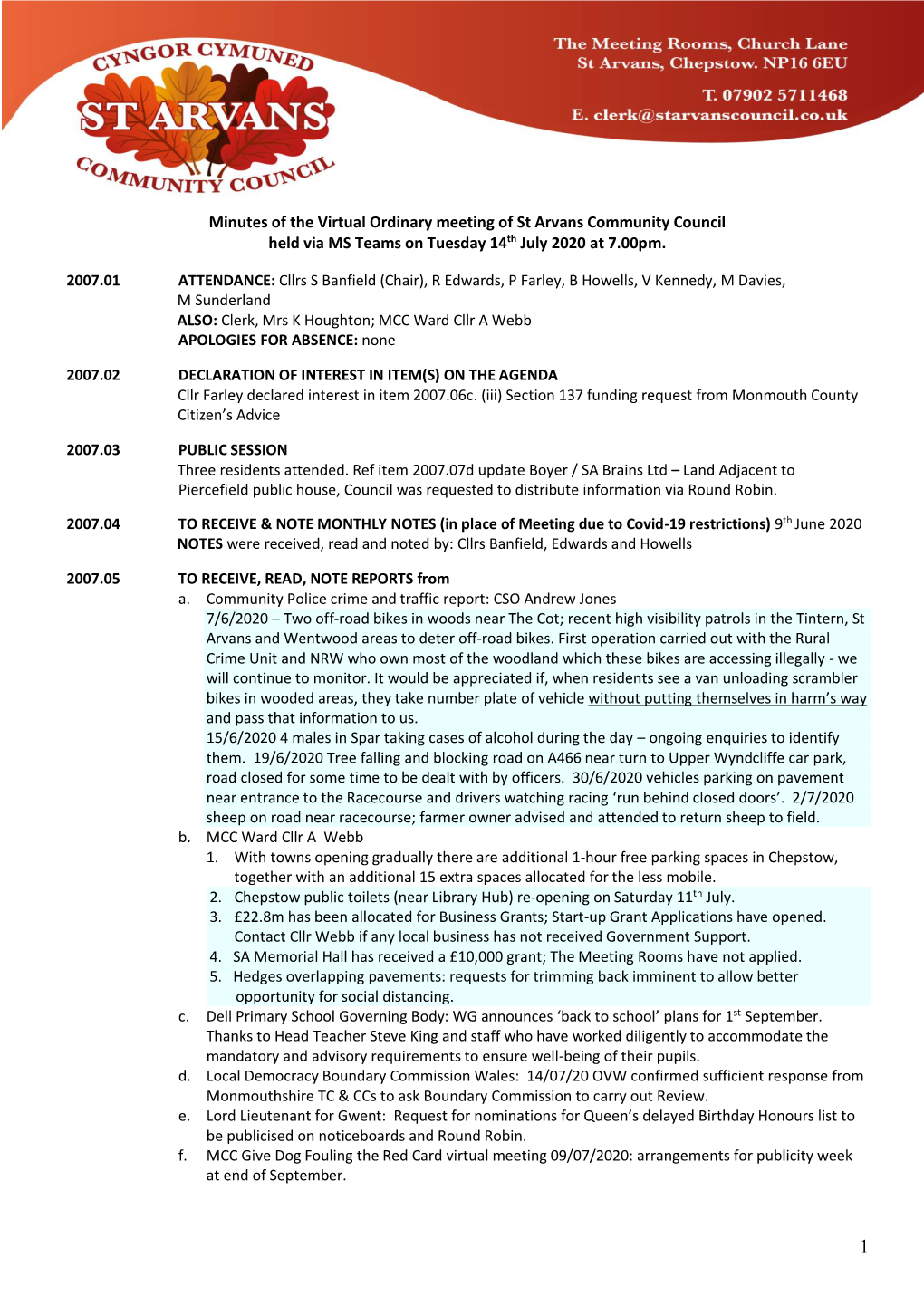 Minutes of the Virtual Ordinary Meeting of St Arvans Community Council Held Via MS Teams on Tuesday 14Th July 2020 at 7.00Pm