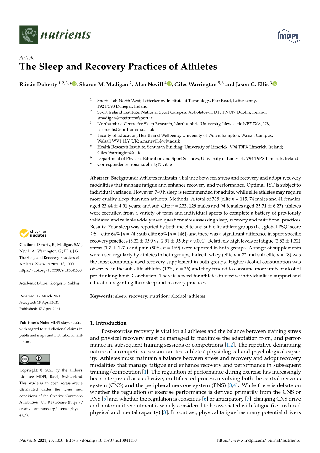 The Sleep and Recovery Practices of Athletes