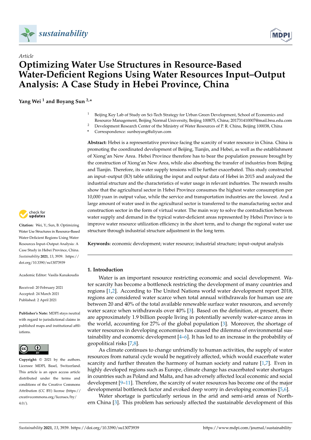 Optimizing Water Use Structures in Resource-Based Water-Deficient