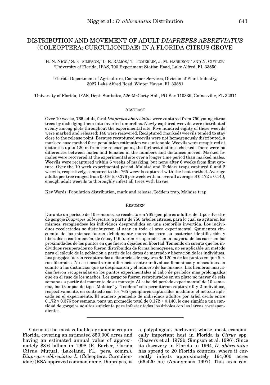 Distribution and Movement of Adult Diaprepes Abbreviatus (Coleoptera: Curculionidae) in a Florida Citrus Grove