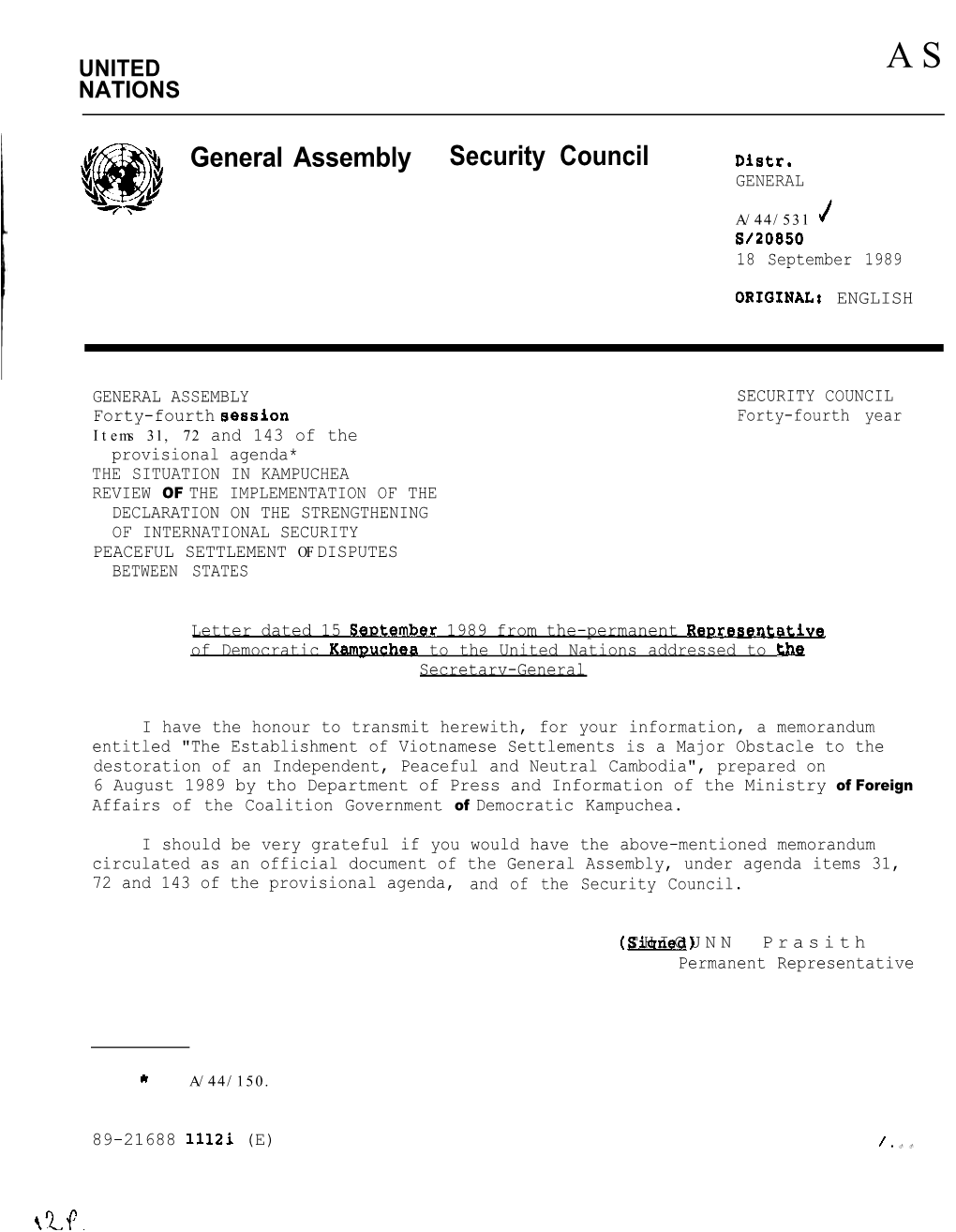 General Assembly Security Council Distr