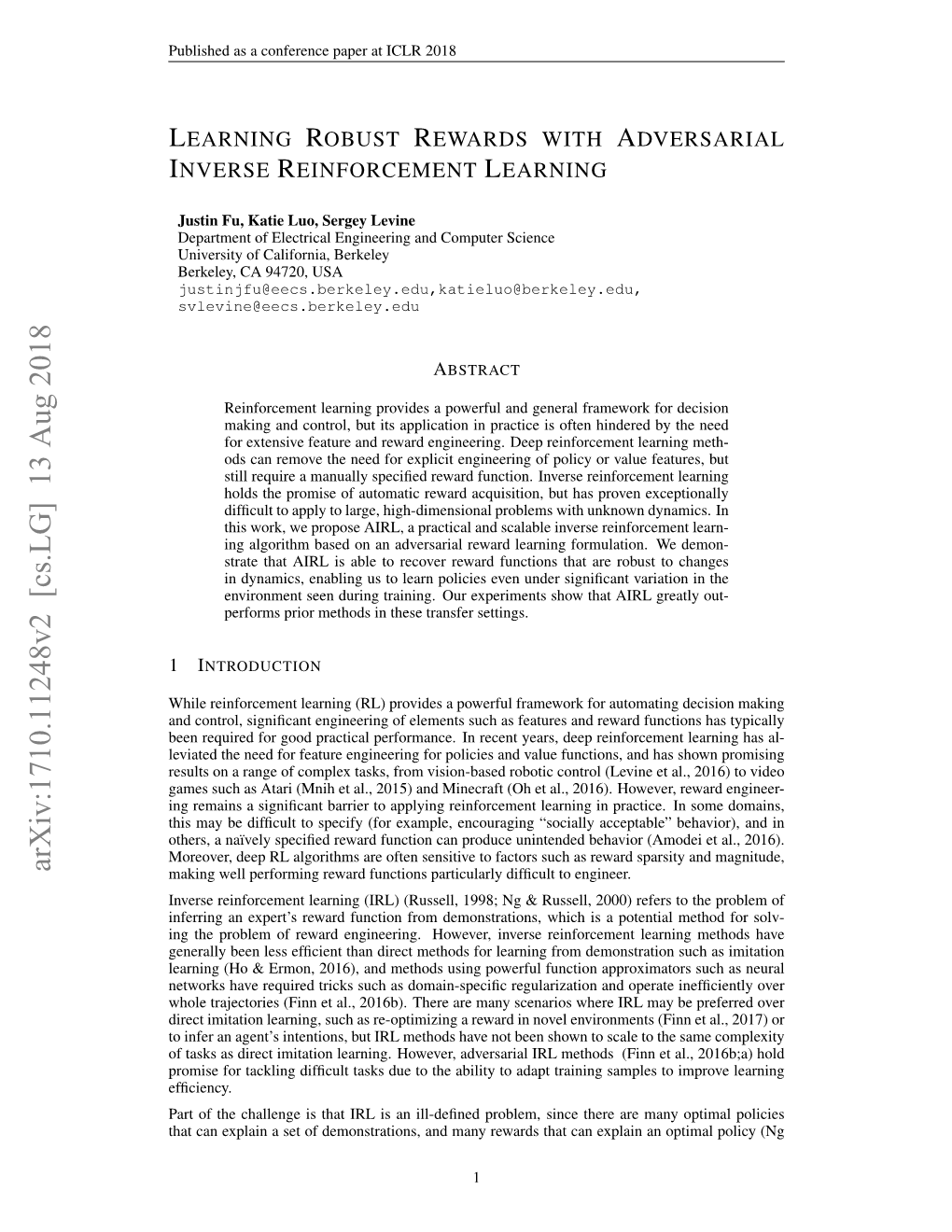 Learning Robust Rewards with Adversarial Inverse Reinforcement Learning