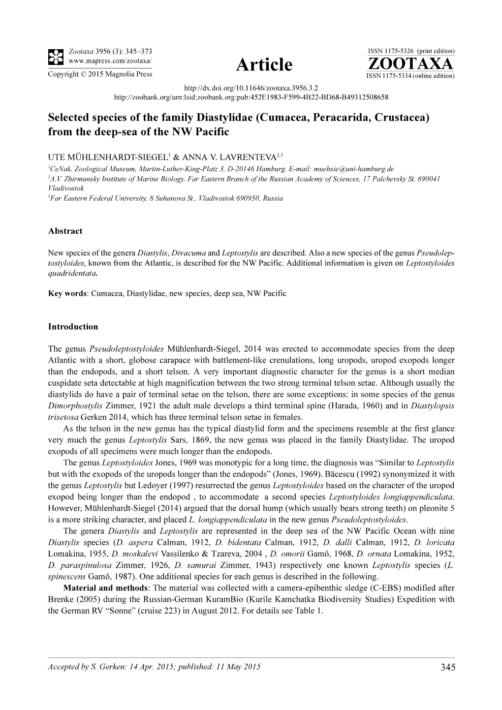 Selected Species of the Family Diastylidae (Cumacea, Peracarida, Crustacea) from the Deep-Sea of the NW Pacific