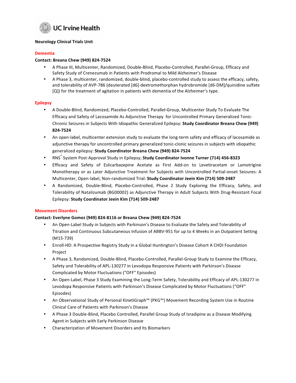 Neurology Clinical Trials 2018