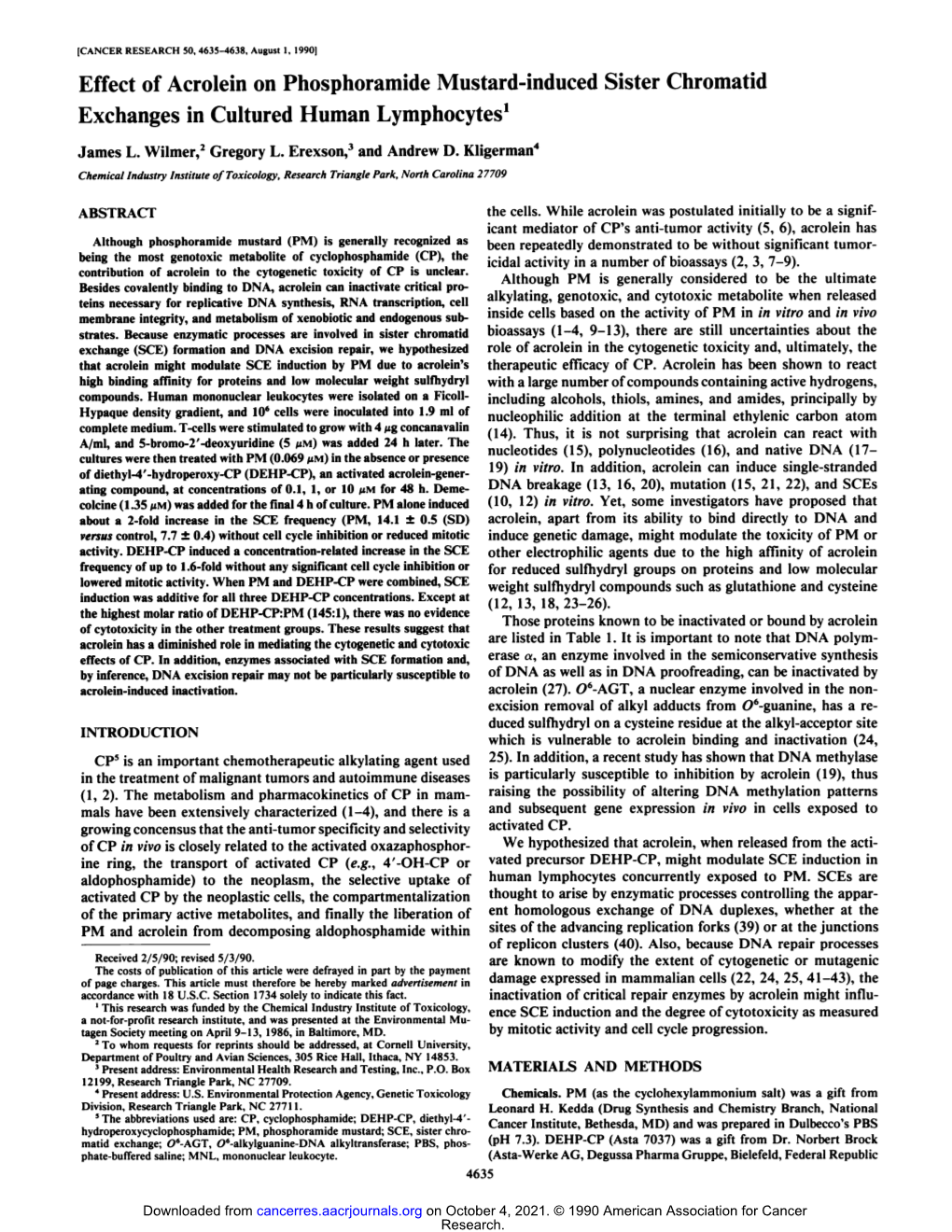 Effect of Acrolein on Phosphoramide Mustard-Induced Sister Chromatid Exchanges in Cultured Human Lymphocytes1