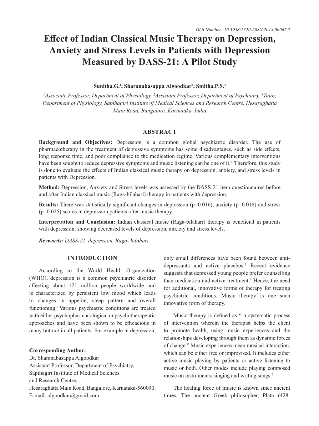 Effect of Indian Classical Music Therapy on Depression, Anxiety and Stress Levels in Patients with Depression Measured by DASS-21: a Pilot Study