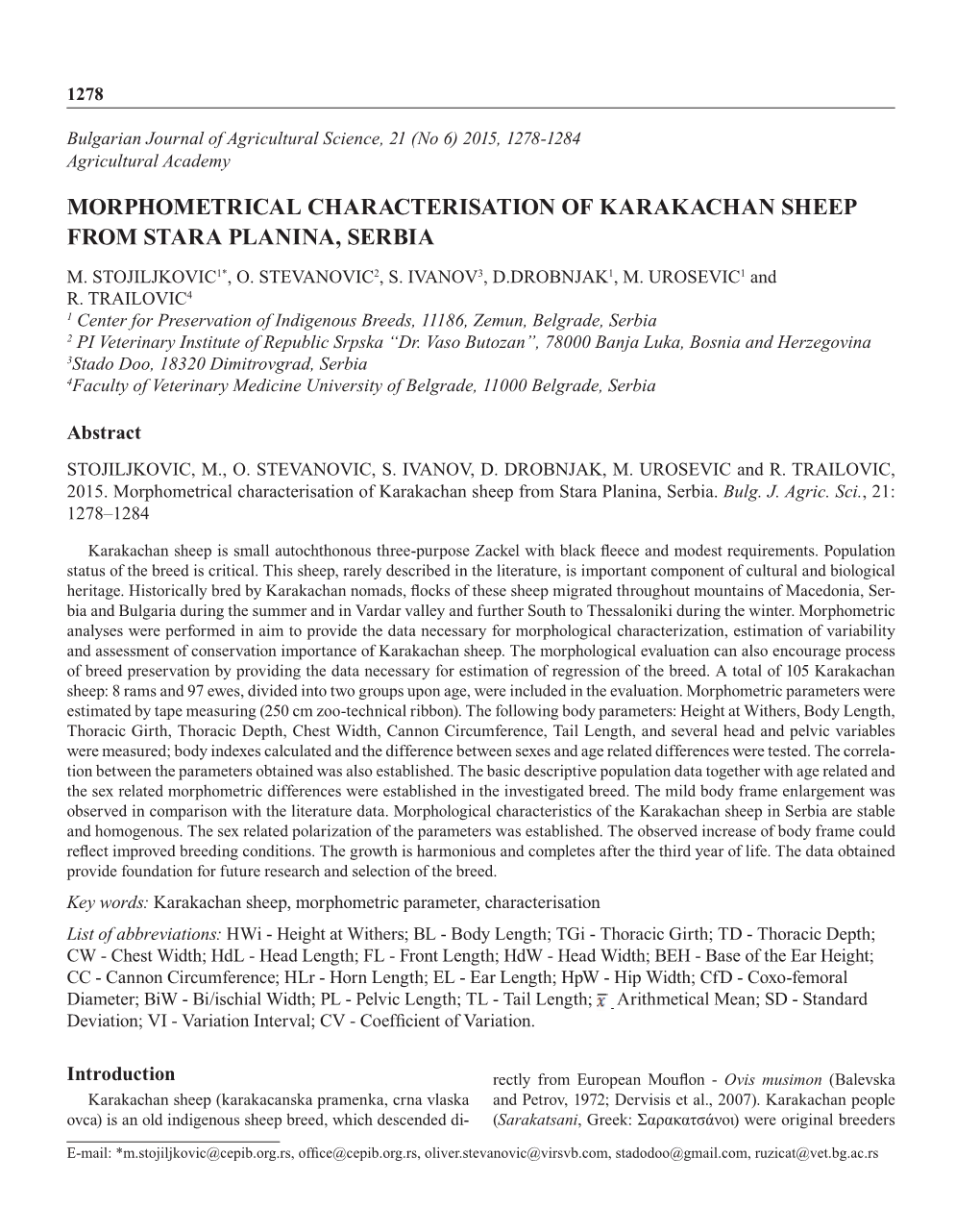 Morphometrical Characterisation of Karakachan Sheep from Stara Planina, Serbia M