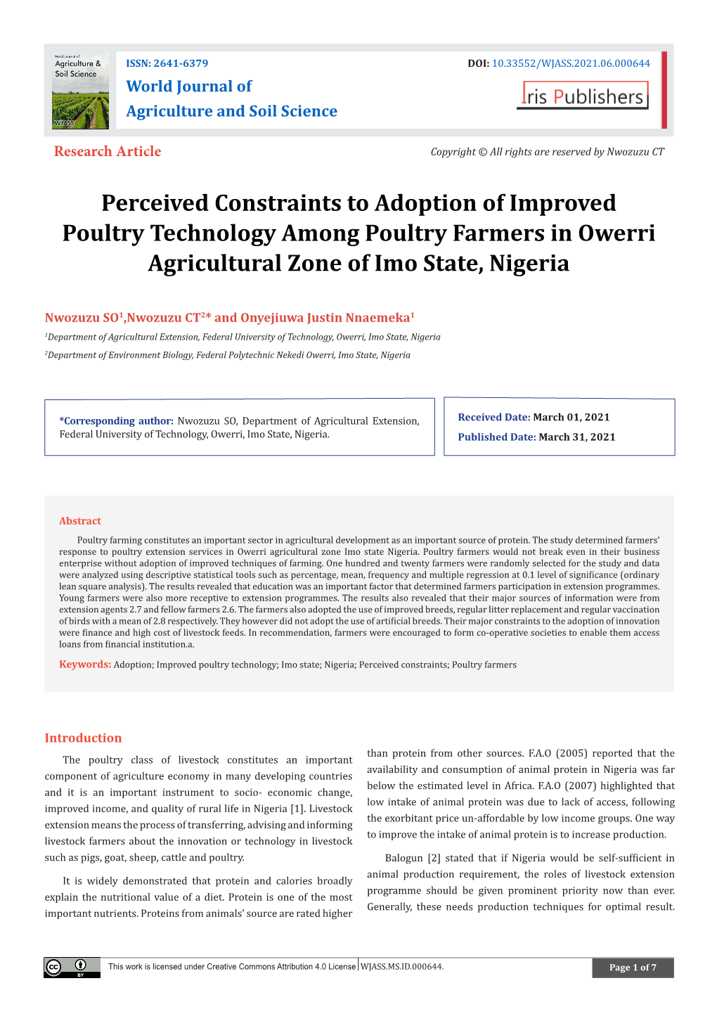 Perceived Constraints to Adoption of Improved Poultry Technology Among Poultry Farmers in Owerri Agricultural Zone of Imo State, Nigeria