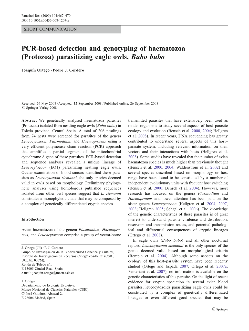 PCR-Based Detection and Genotyping of Haematozoa (Protozoa) Parasitizing Eagle Owls, Bubo Bubo