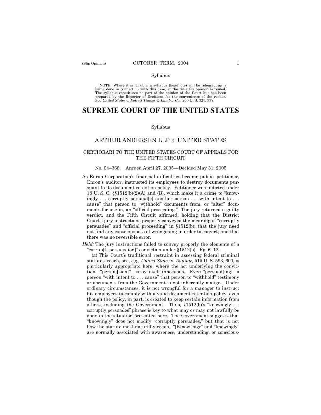 ARTHUR ANDERSEN LLP V. UNITED STATES