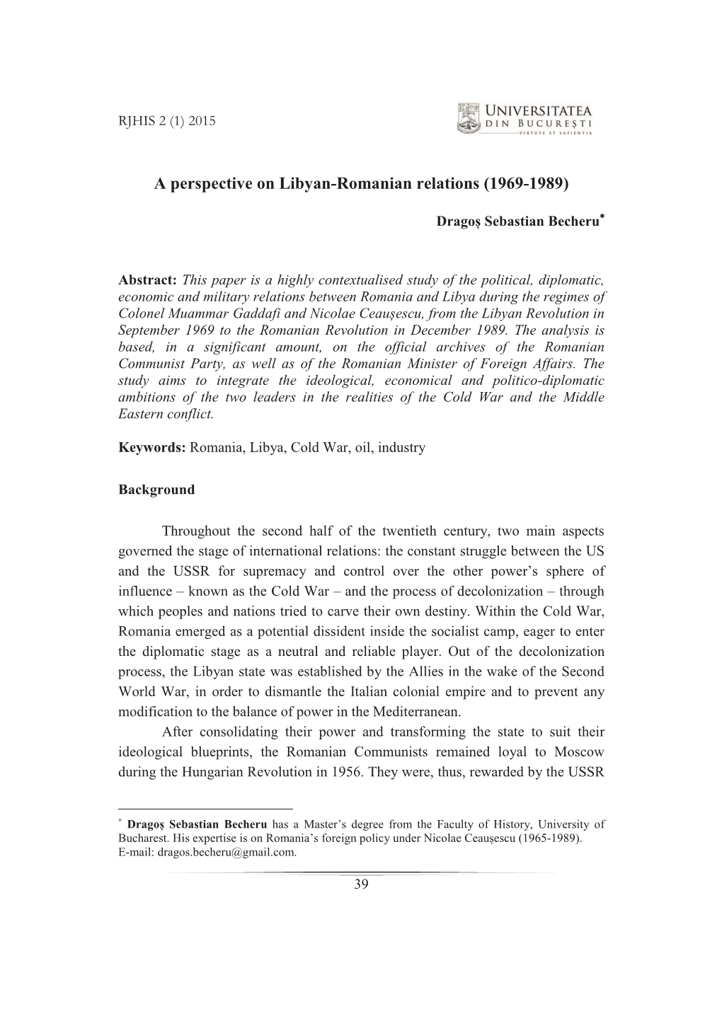 A Perspective on Libyan-Romanian Relations (1969-1989)