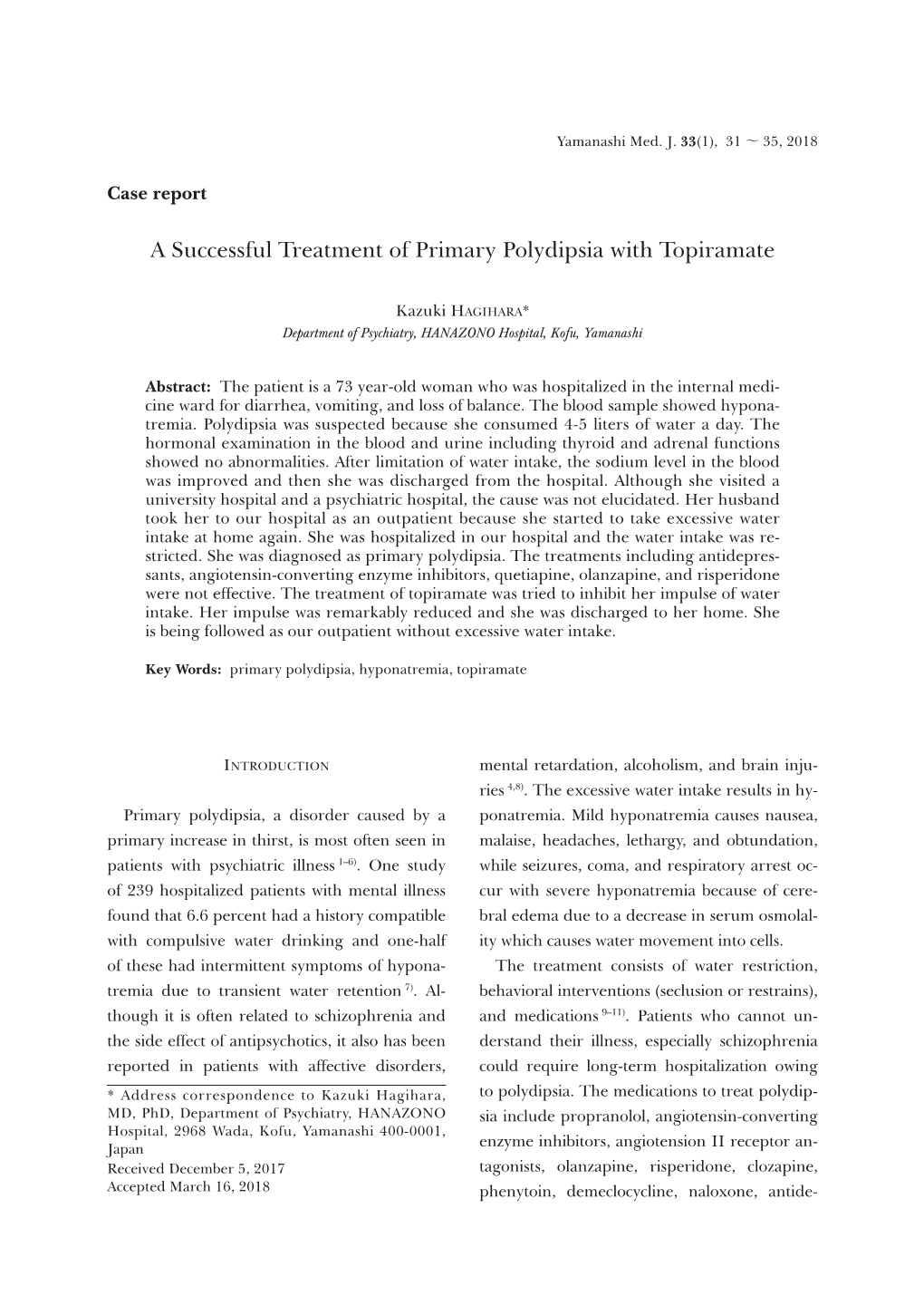 A Successful Treatment of Primary Polydipsia with Topiramate