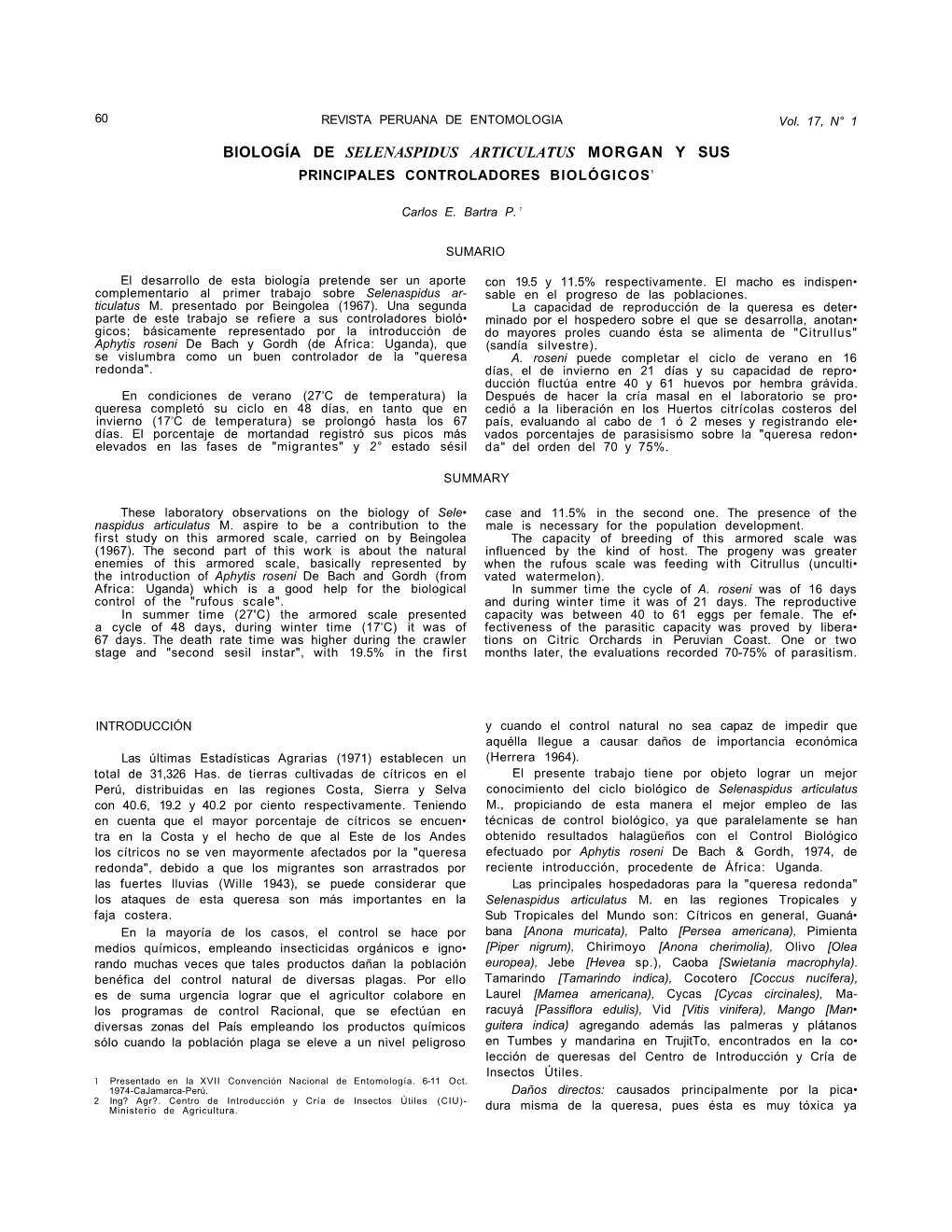 Biología De Selenaspidus Articulatus Morgan Y Sus Principales Controladores Biológicos1