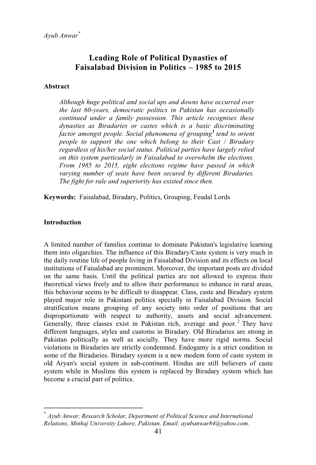 Leading Role of Political Dynasties of Faisalabad Division in Politics – 1985 to 2015