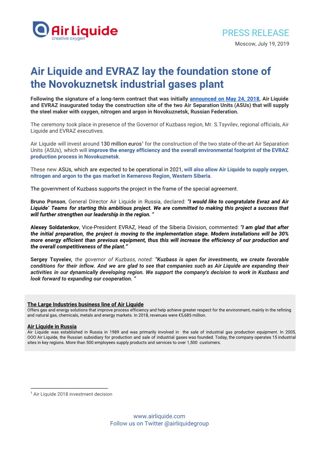 Air Liquide and EVRAZ Lay the Foundation Stone of the Novokuznetsk Industrial Gases Plant