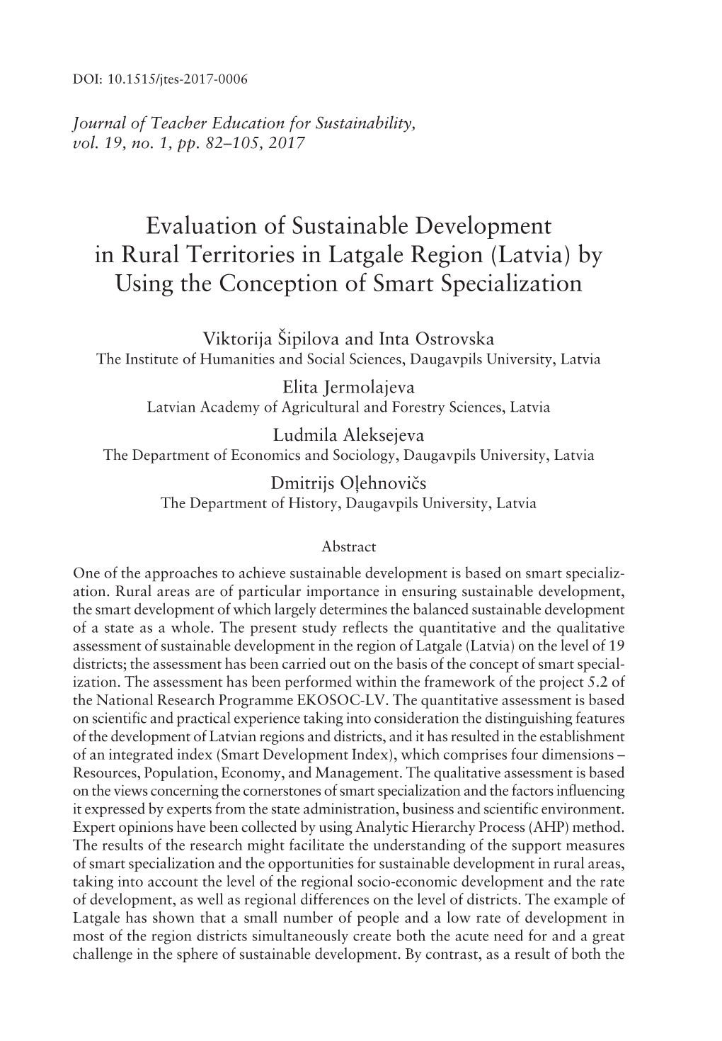 Evaluation of Sustainable Development in Rural Territories in Latgale Region (Latvia) by Using the Conception of Smart Specialization