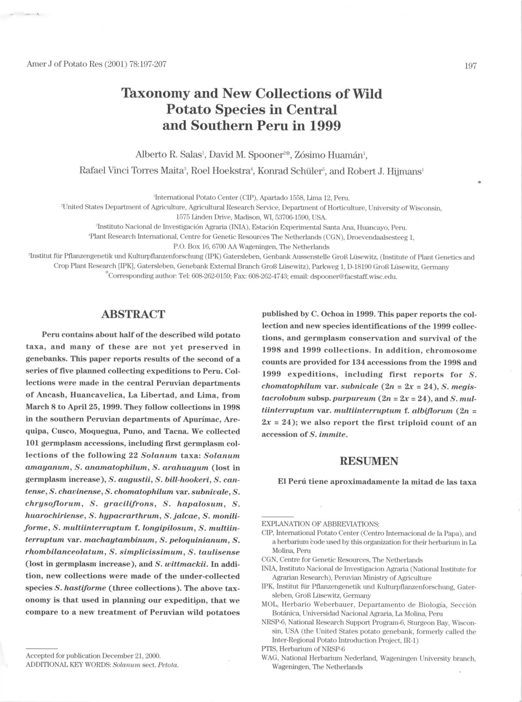 Taxonomy and New Collections of Wild Potato Species in Central and Southern Peru in 1999