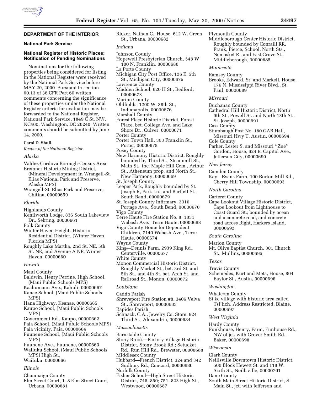 Federal Register/Vol. 65, No. 104/Tuesday, May 30, 2000/Notices