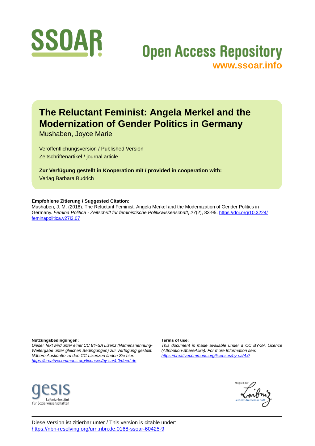 Reluctant Feminist: Angela Merkel and the Modernization of Gender Politics in Germany Mushaben, Joyce Marie