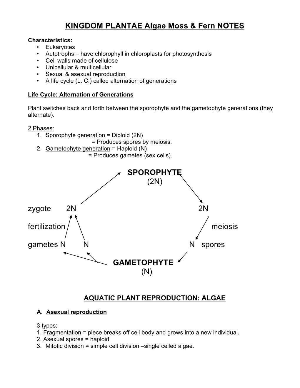 KINGDOM PLANTAE Algae Moss & Fern NOTES SPOROPHYTE (2N)