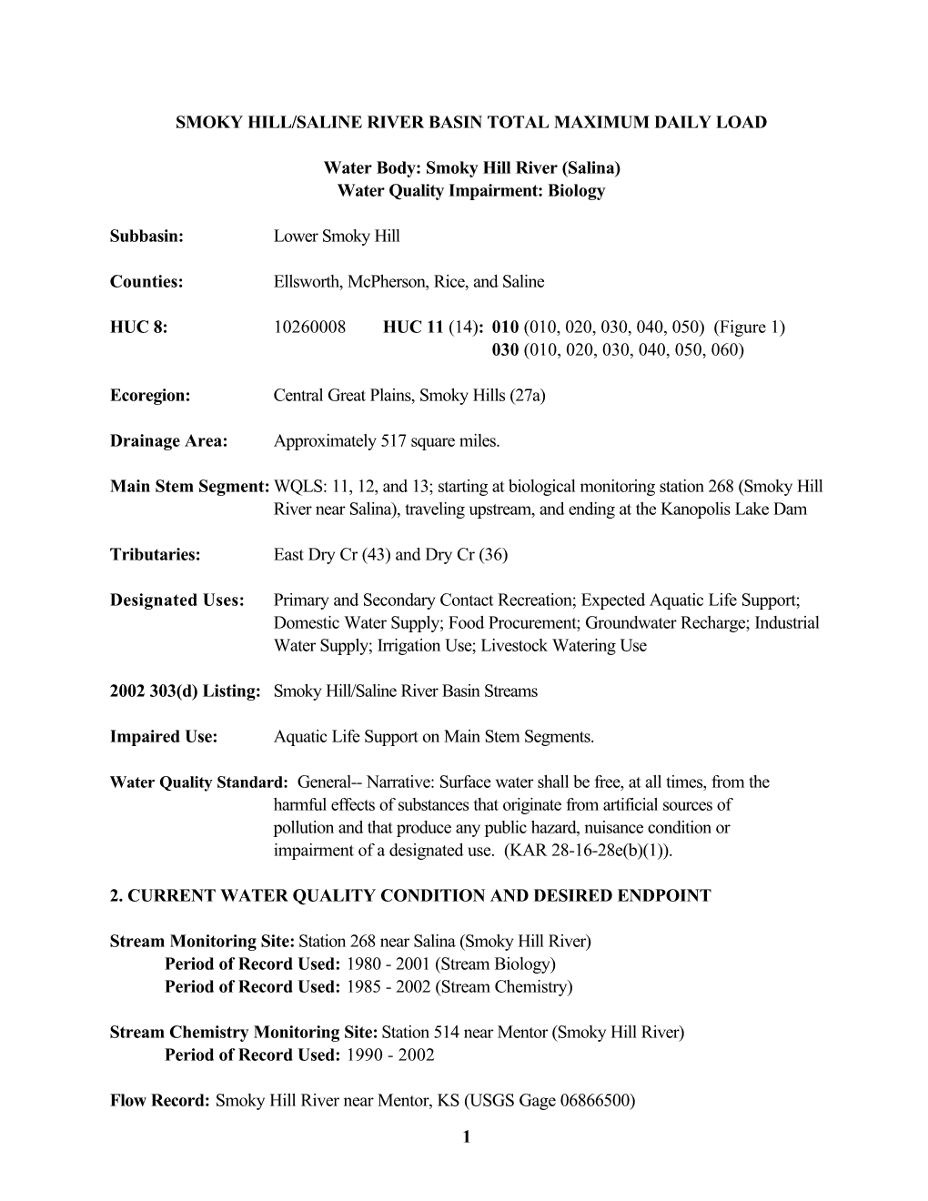 Smoky Hill River (Salina) Water Quality Impairment: Biology