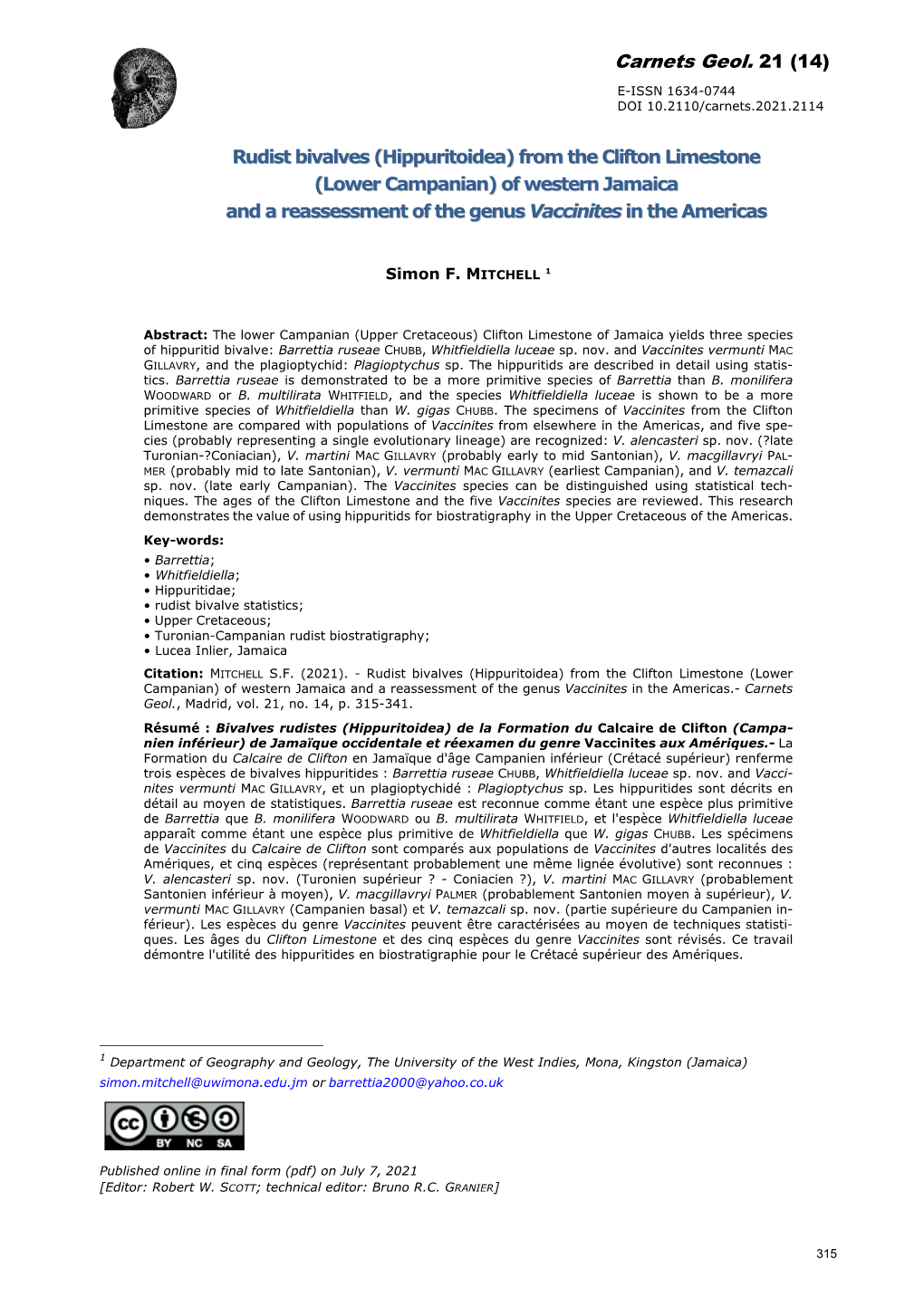 Rudist Bivalves (Hippuritoidea) from the Clifton Limestone (Lower Campanian) of Western Jamaica and a Reassessment of the Genus Vaccinites in the Americas