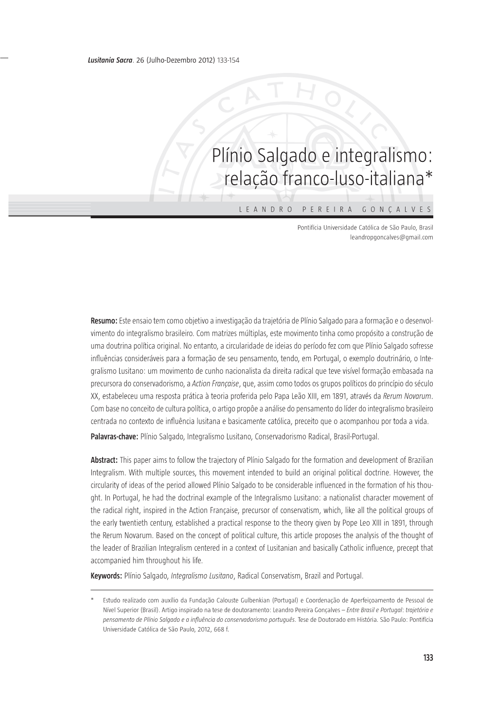 Plínio Salgado E Integralismo: Relação Franco ‑Luso ‑Italiana*