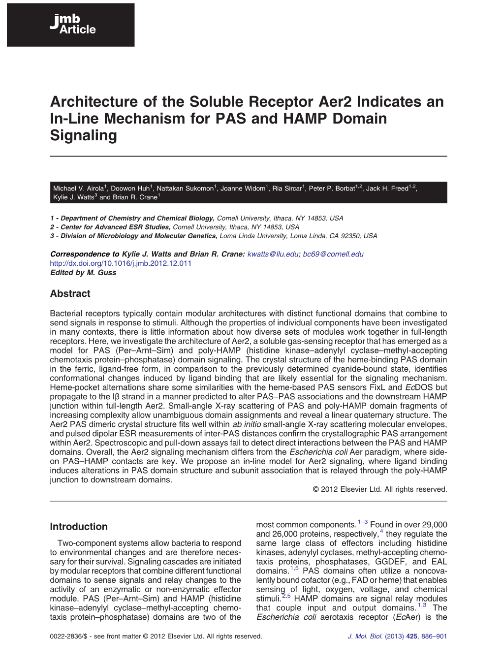 Architecture of the Soluble Receptor Aer2 Indicates an In-Line Mechanism for PAS and HAMP Domain Signaling