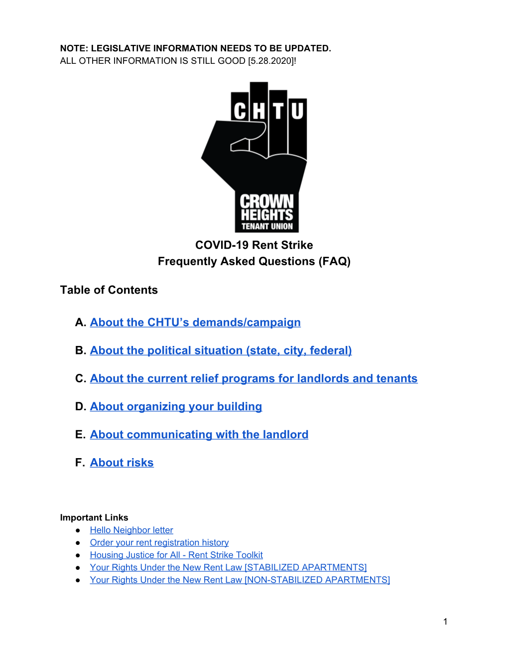 COVID-19 Rent Strike Frequently Asked Questions (FAQ) Table Of