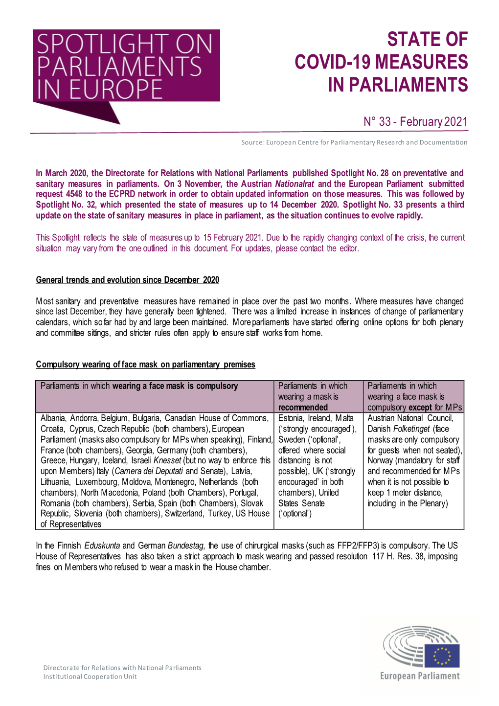 State of Covid-19 Measures in Parliaments