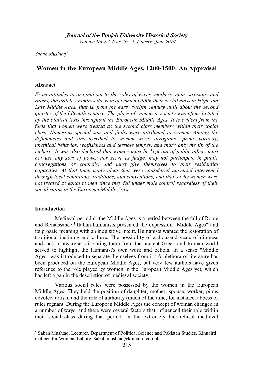 Women in the European Middle Ages, 1200-1500: an Appraisal