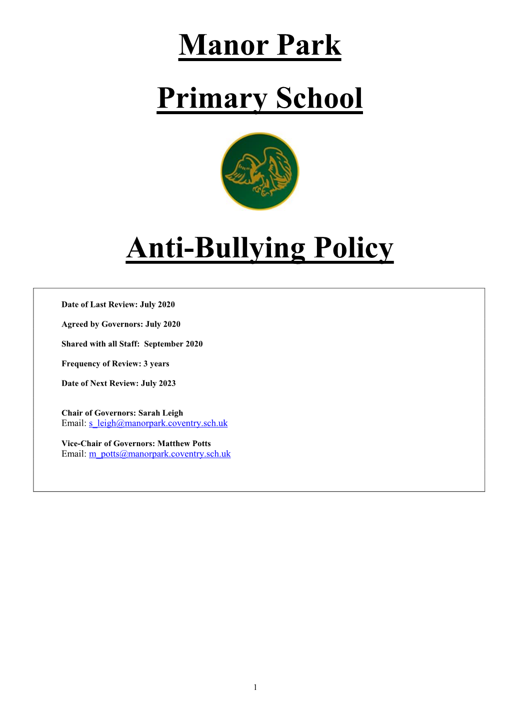 Manor Park Primary School Anti-Bullying Policy
