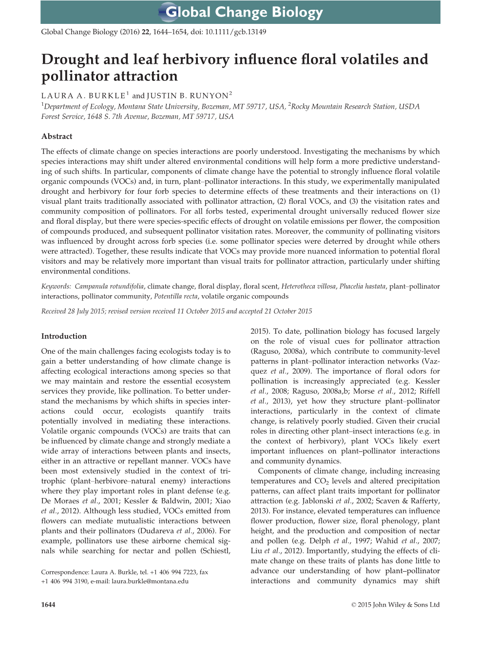 Drought and Leaf Herbivory Influence Floral Volatiles and Pollinator Attraction