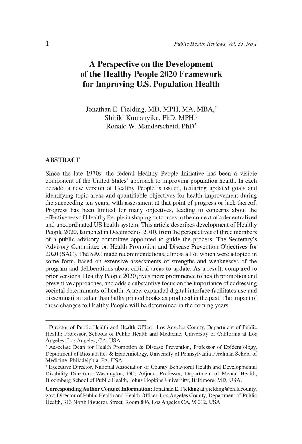 A Perspective on the Development of the Healthy People 2020 Framework for Improving U.S. Population Health