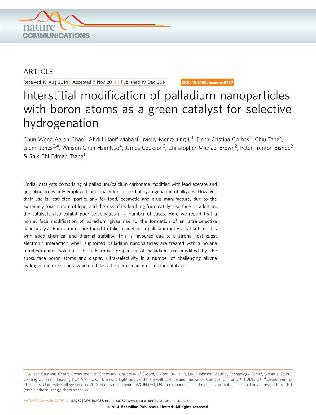 Interstitial Modification of Palladium Nanoparticles with Boron Atoms As