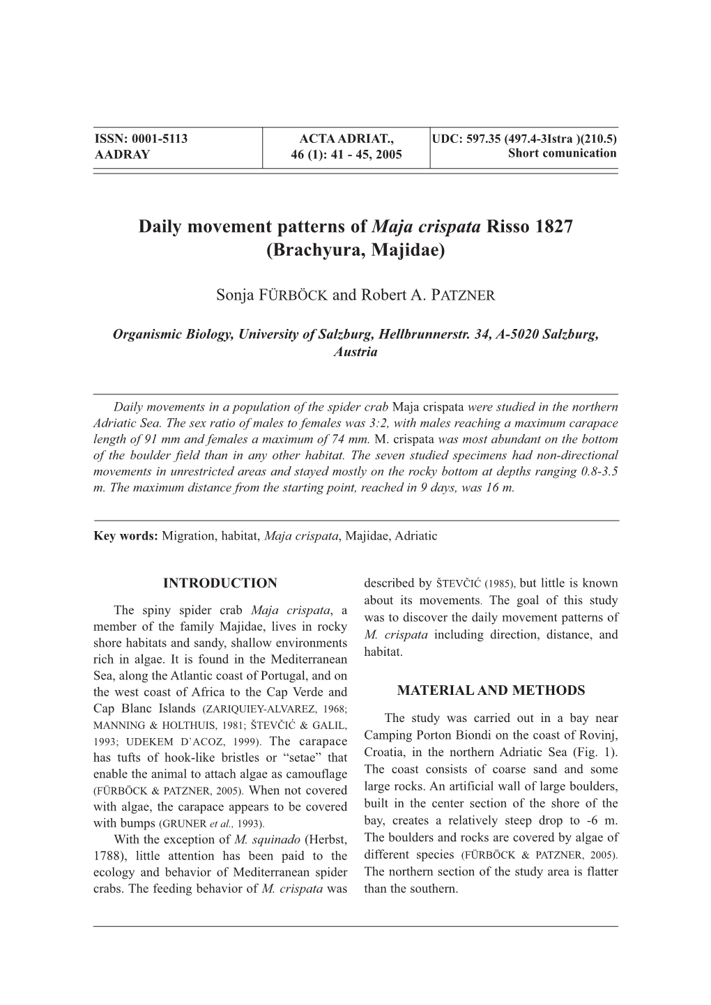 Daily Movement Patterns of Maja Crispata Risso 1827 (Brachyura, Majidae)