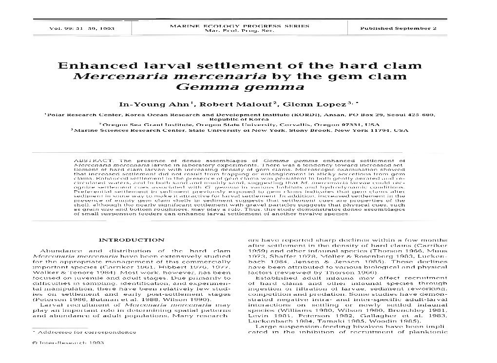 Enhanced Larval Settlement of the Hard Clam Mercenaria Mercenaria by the Gem Clam Gemma Gemma