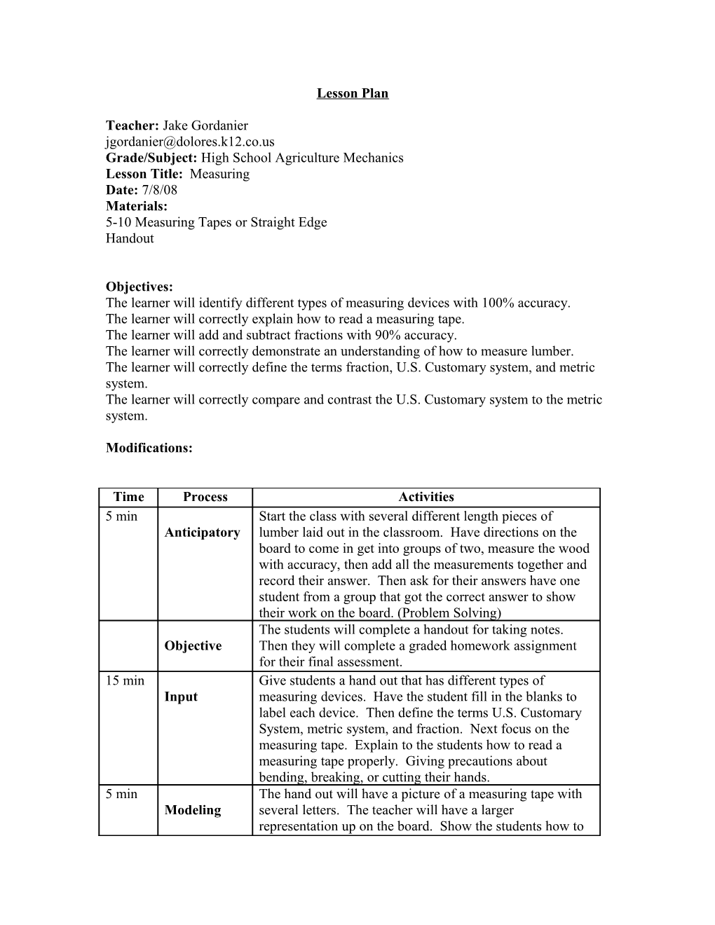 Grade/Subject: High School Agriculture Mechanics